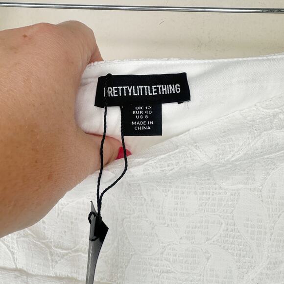 NWT Pretty Little Thing White Lace Boatneck Top Pleated Mini Skirt Two Piece Set - Picture 14 of 15